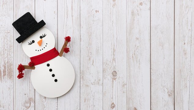 Holiday flat lay featuring a snowman made of a hat, red decorations, and eyelashes on a white background - Powered by Adobe