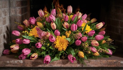 Vibrant Pink and Yellow Tulip Bouquet Near Hearth