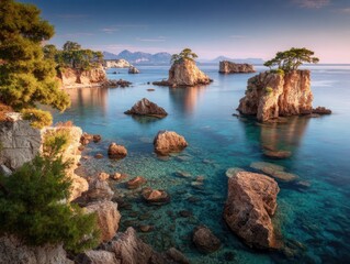 Obraz premium Idyllic Mediterranean Coastline with Rocky Islands and Crystal Clear Waters at Sunrise.