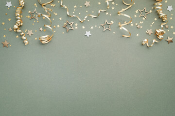 New Year, Christmas or birthday festive background top view. Celebration composition with golden...