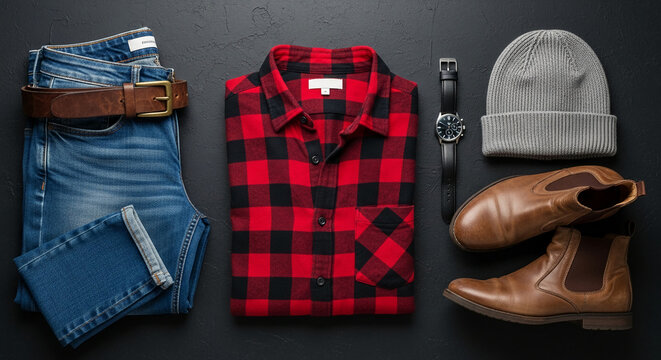 Flat lay of folded blue jeans with brown belt, red/black plaid shirt, wristwatch, gray beanie, brown leather boots on a dark textured surface suggesting style