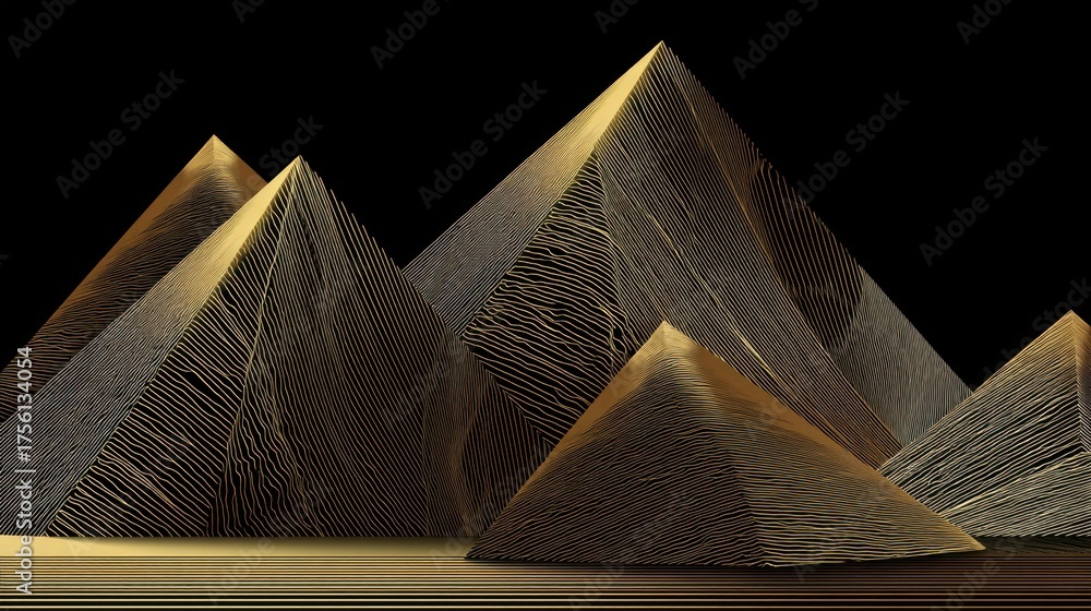 Wall mural abstract representation of layered golden pyramids with intricate patterns, showcasing a stunning pl