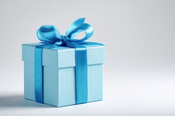 Gift box. One cyan colored present box tied light blue satin ribbon and bow. Joy, anticipation of receiving presents. Single 3D Giftbox neat isolated white backdrop. Distinctive festive Christmas gift