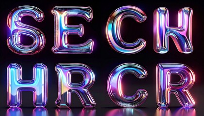 Shiny Chrome Alphabet Letters Spell Out "SECH HRCR" with a Metallic Sheen Against a Dark Reflective Surface