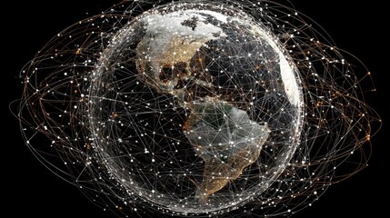 Digital representation of a connected Earth with glowing data points and lines indicating global networks and communications across continents.
