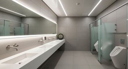 Modern Public Restroom Design with Sleek Fixtures, Minimalist Aesthetic, and Efficient Use of Space and Lighting for a Contemporary Experience