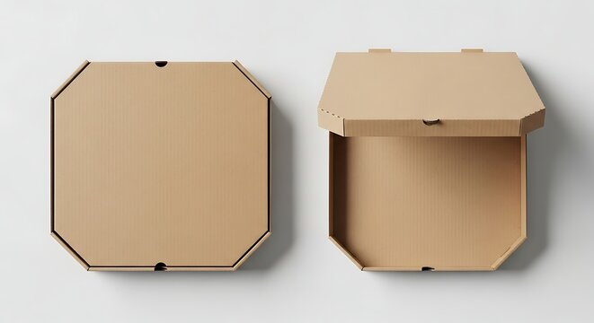 Two Cardboard Pizza Boxes One Closed One Open On White Background.