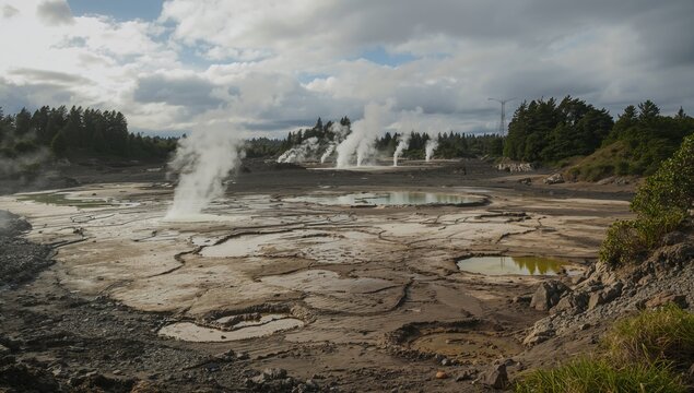 Steaming mud pots within a volcanic landscape on the North Island