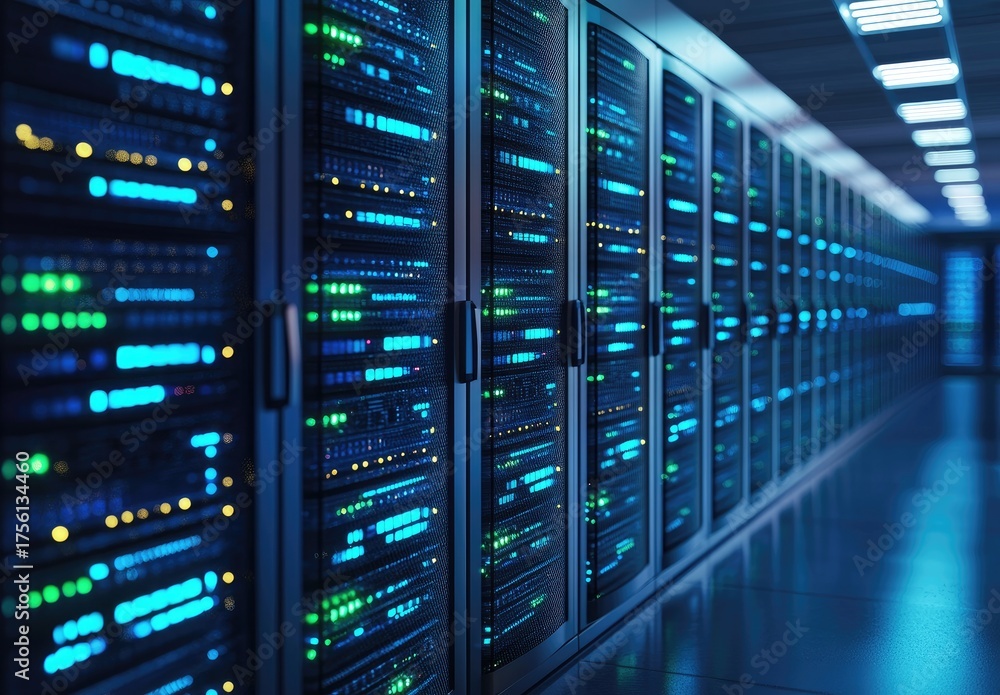 Wall mural modern data center with blue and green illuminated servers, illustrating advanced it infrastructure 