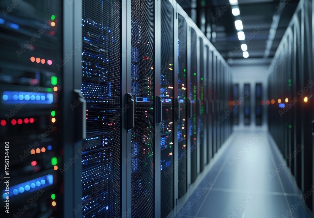 Wall mural modern data center server racks with illuminated panels, representing it infrastructure for cloud co