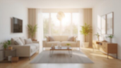Fototapeta premium Brightly lit living space with morning sun streaming through large window, blurred for background use.