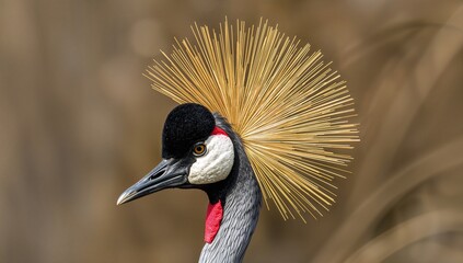 Fototapeta premium Golden-crowned crane showcasing its unique plume of bristle feathers