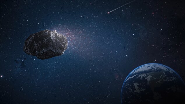 Celestial objects like asteroids, comets, and meteorites approach our planet beneath a starlit sky, posing a potential danger.