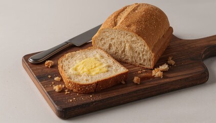 Sliced bread with butter on a rustic wooden platter