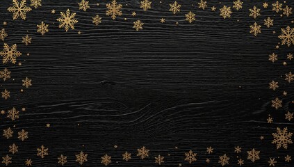 Festive dark wood backdrop with a black chalkboard surrounded by holiday ornaments, leaving room for text.