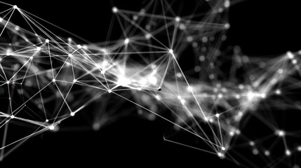 Abstract black and white digital network connection with luminous nodes and intricate lines representing technology and data visualization concepts