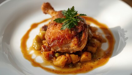 Roasted chicken thighs presented on a white dish