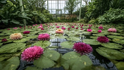 Obraz premium Water Blooms Inside a Glasshouse