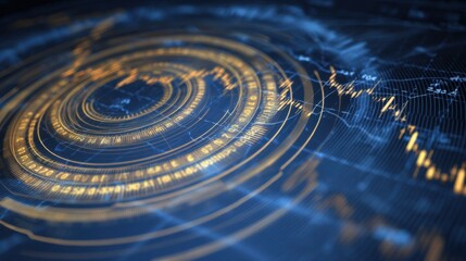 Futuristic Data Visualization with Blue and Gold Circular Patterns Representing Financial Data Analytics and Network Connections in Digital Concept Art