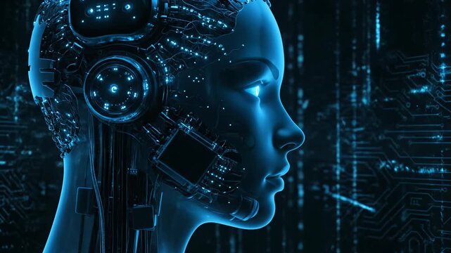 A translucent blue android head in profile, revealing complex internal circuitry and glowing lights, set against a dark background with digital patterns