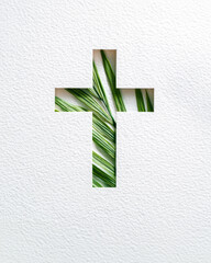 Christian Cross Cutout With Green Palm Leaves Inside On White Textured Background. Concept Of Palm Sunday, Easter, Hope, Faith, Prayer Symbol, Religious Greeting Cards, And Church Celebrations