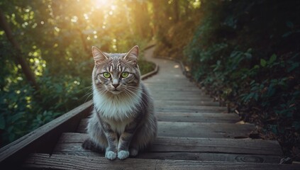 Obraz premium Feline exploring steps under bright sunlight in a natural setting