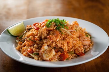 Fototapeta premium Seafood fried rice served on a dish