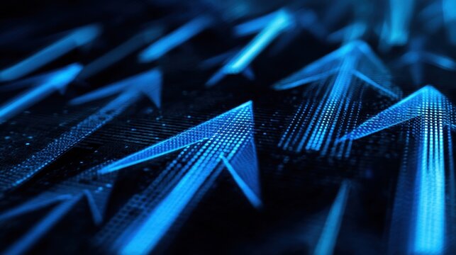 Abstract digital background with glowing blue arrows moving upwards symbolizing progress, growth, and innovation in technology and business sectors