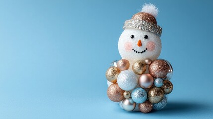 A Charming Decorative Snowman Featuring Festive Ornaments Set Against a Bright Blue Background