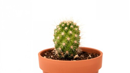 Detailed view of a potted cactus against a white backdrop
