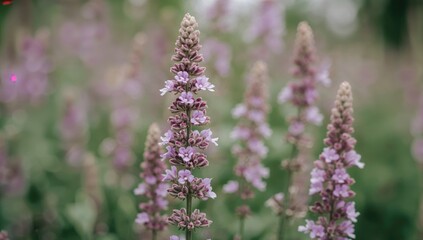 Fototapeta premium Close-up of soft lavender oregano blossoms in a garden setting with selective focus. The plant features lovely lilac flower clusters and is traditionally used in herbal remedies. Horizontal outdoor