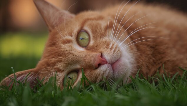 Detailed view of an orange feline sitting on grassy grounds, animal, face, orange, high definition, close-up, close, orange feline