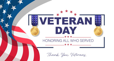Veterans Day Template Design with US Flag and Soldier for Poster and Banner Vector Illustration. Honoring All Who Served. November 11