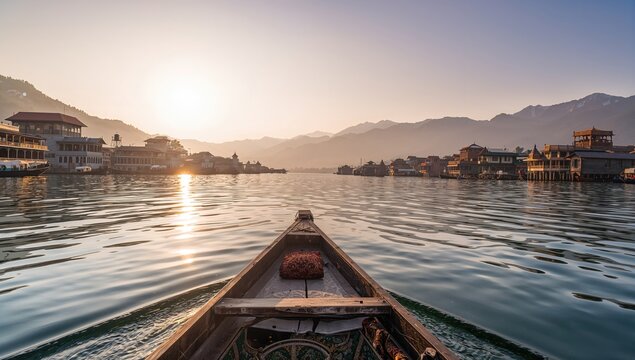Scenic Shikara boat journey on a tranquil lake featuring houseboats and mountainous scenery.