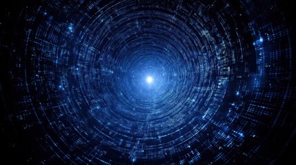 Abstract digital vortex with glowing particles and data streams in deep blue tones representing technology, science, and futuristic concepts