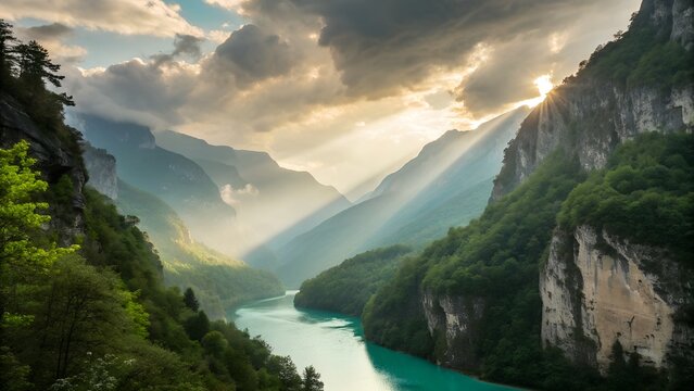 Deep mountain valley with a turquoise river running through, sun rays filtering through clouds, atmospheric depth - Powered by Adobe