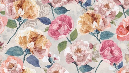 Vibrant floral design with watercolor backdrop for fabric printing