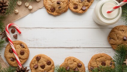 Homemade festive cookies with milk and candy cane on rustic white surface, overhead shot, space for text
