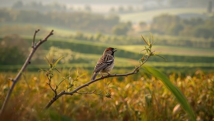 Single Corn Bunting Perched on a Tree Branch in Natural Habitat
