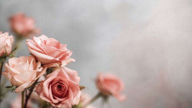 Soft-focus rose blossoms against a muted gray and pink background with room for text, featuring selective sharpness and gentle contrast