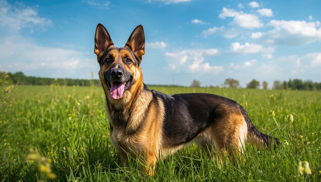 Sunlit Field with a German Shepherd Dog