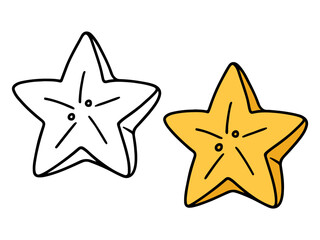 Slice of starfruit with five points, shown in outline and colored versions, perfect for tropical fruit, food, or summer-themed coloring pages.