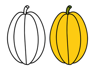 Tall pumpkin with simple vertical segments and stem, shown in outline and colored versions, perfect for autumn, harvest, or Halloween-themed coloring pages.