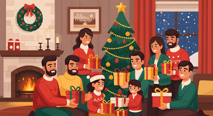 Heartwarming family gathering around the Christmas tree, exchanging gifts and sharing holiday joy in a cozy, firelit living room filled with love and laughter