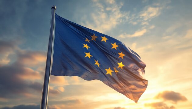 The European Union flag, with its twelve gold stars on a blue background, is shown waving on a flagpole against a vibrant sunset sky. - Powered by Adobe