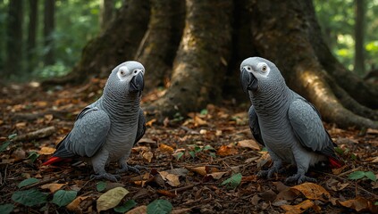 Fototapeta premium Ground-dwelling African grey parrots known as Psittacus erithacus