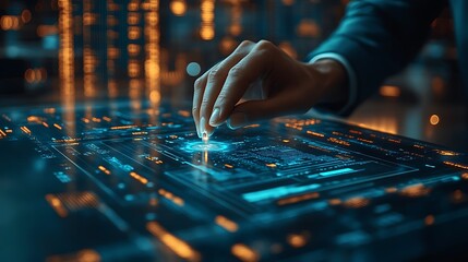 Hand interacting with futuristic glowing interface panel