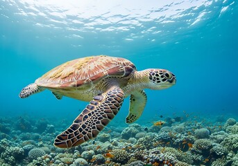 Fototapeta premium Sea turtle glides majestically over vibrant coral reef in clear blue ocean water, sunlight dappling the scene