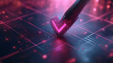 Glowing check mark symbol on futuristic surface with lights