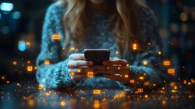 Woman using smartphone with floating message icons around her - Powered by Adobe